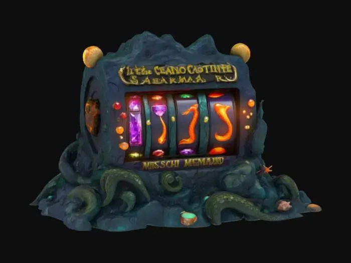 3D model for A dark and mystical casino slot machine fit for the sea witch of The Little Mermaid, made of rugged ocean rock. The casino slot machine has a rough, jagged stone texture, with tentacle-like carvings wrapping around its frame. resemble sea creature claws, adorned with eerie glowing gemstones. The casino slot machine is surrounded by deep-sea elements like seaweed, coral, and eerie bioluminescent plants, creating an ominous underwater atmosphere.