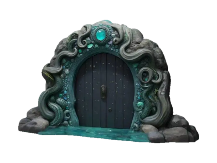 A dark and mystical portal door fit for the sea witch of The Little Mermaid, made of… 3D model, vytvořený pomocí AI
