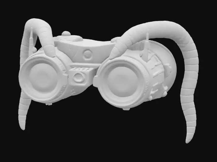 3D model for a futuristic binoculars inspired by Ghost in the Shell and Medusa, exaggerated features such as spiraled tentacles horns, sharp angles, fierce and otherworldly, pale pink alien-like bio-skin, glowing neon green highlights certain areas, bioluminescence, sci-fi, cyberpunk, intricate markings and symbols, ceremonial or technological deco, high-tech or fantasy-inspired gear, futuristic or mystical theme