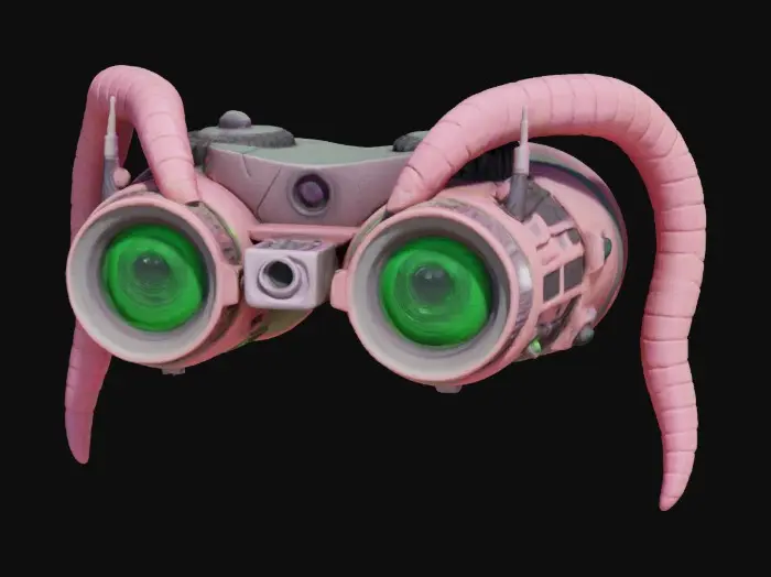 3D model for a futuristic binoculars inspired by Ghost in the Shell and Medusa, exaggerated features such as spiraled tentacles horns, sharp angles, fierce and otherworldly, pale pink alien-like bio-skin, glowing neon green highlights certain areas, bioluminescence, sci-fi, cyberpunk, intricate markings and symbols, ceremonial or technological deco, high-tech or fantasy-inspired gear, futuristic or mystical theme