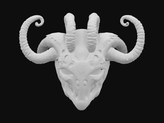 3D model for a futuristic helmet inspired by Ghost in the Shell and Medusa, exaggerated features such as spiraled tentacles horns, sharp angles, fierce and otherworldly, pale pink alien-like bio-skin, glowing neon green highlights certain areas, bioluminescence, sci-fi, cyberpunk, intricate markings and symbols, ceremonial or technological deco, high-tech or fantasy-inspired gear, futuristic or mystical theme