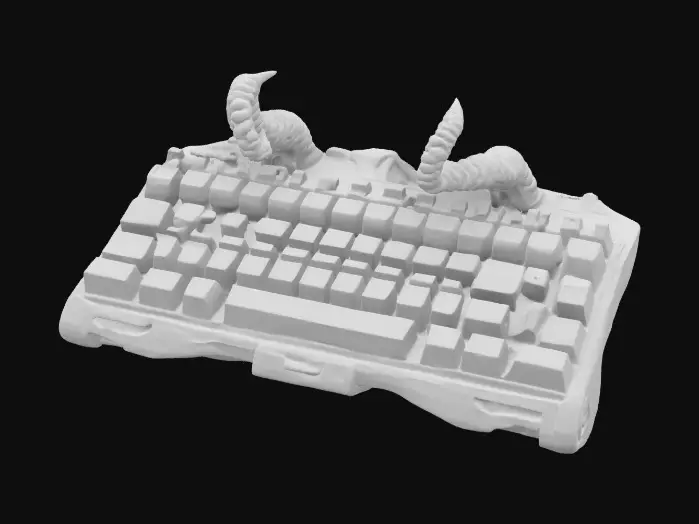 3D model for a futuristic keyboard inspired by Ghost in the Shell and Medusa, exaggerated features such as spiraled tentacles horns, sharp angles, fierce and otherworldly, flesh-toned mix ashen bio-skin, glowing neon green highlights certain areas, bioluminescence, sci-fi, cyberpunk, intricate markings and symbols, ceremonial or technological deco, high-tech or fantasy-inspired gear, futuristic or mystical theme