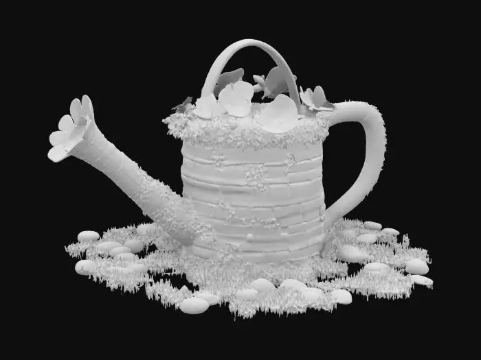 3D model for An energetic watering cans overgrown with thorns and flowers, brick and wood, fantasy, the flowers shining and glowing against sun, mid century, medieval, spring #garden#