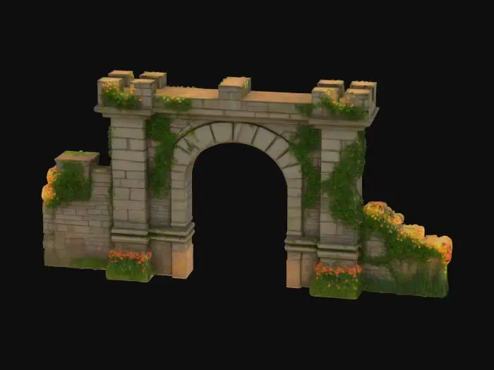 3D model for An energetic castle gate overgrown with thorns and flowers, the flowers shining and glowing against sun, mid century, medieval, spring #garden#