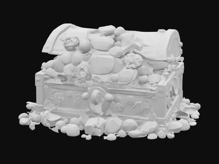 3D model for Hyper-realistic, Mermaid Under-the-Sea Kingdom, ancient treasure chest overflowing with gems, incorporating colors aqua teal and seafoam green and pearl pink and ocean blue, clipart isolated on a white background, #ocean#