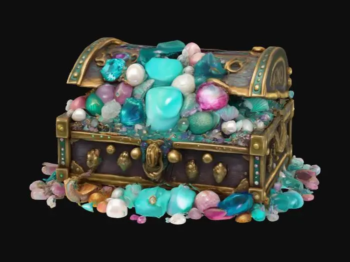 3D model for Hyper-realistic, Mermaid Under-the-Sea Kingdom, ancient treasure chest overflowing with gems, incorporating colors aqua teal and seafoam green and pearl pink and ocean blue, clipart isolated on a white background, #ocean#