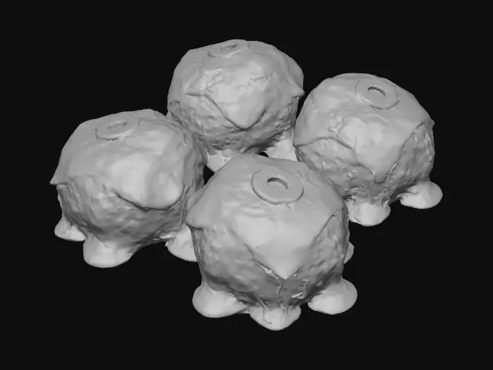 3D model for These are "Ogre Eyeball Meatballs": Each succulent meatball is coated in a vibrant, slimy-green sauce, giving it a monstrous hue. A single, large white cheese slice is melted onto the top, forming the sclera, with a black olive slice centered as the pupil. Fine red edible gel lines radiate from the center, creating a bloodshot effect. The texture is tender meatball, creamy cheese, and a slightly gelatinous sauce.