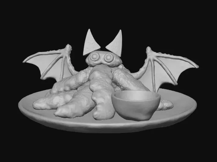 3D model for #Halloween2025#, A "Bat Wing Chicken Strips" Platter: Several large, crispy chicken strips are arranged to form the splayed wings of a flying bat. They are dusted with a dark, smoky paprika blend. Two smaller, triangular pieces of black tortilla chip are attached as "ears," and two glowing green cheese slices are positioned as watchful eyes. A side of blood-red cherry BBQ sauce completes the ghoulish presentation. The texture is crunchy, juicy chicken.