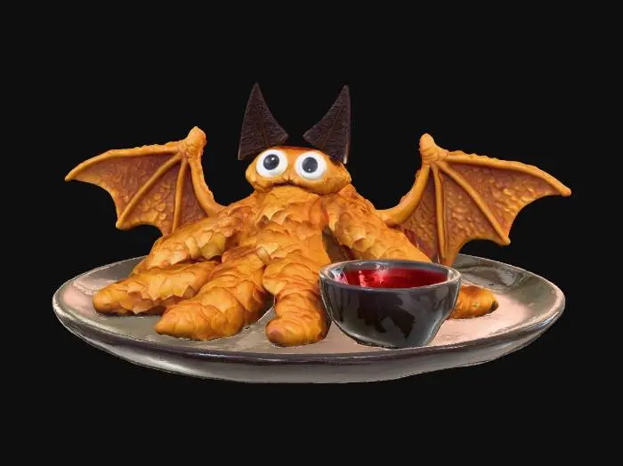 3D model for #Halloween2025#, A "Bat Wing Chicken Strips" Platter: Several large, crispy chicken strips are arranged to form the splayed wings of a flying bat. They are dusted with a dark, smoky paprika blend. Two smaller, triangular pieces of black tortilla chip are attached as "ears," and two glowing green cheese slices are positioned as watchful eyes. A side of blood-red cherry BBQ sauce completes the ghoulish presentation. The texture is crunchy, juicy chicken.
