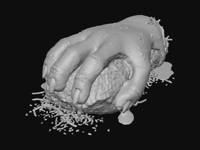 3D model for #Halloween2025#, #Halloween2025#, A "Zombie Hand Meatloaf": A miniature meatloaf is molded into the grotesque, gnarled shape of a zombie hand, complete with distinct "fingers" and a "palm." It's covered in a sickly, pale green glaze (e.g., pesto or colored gravy) that appears to be decaying flesh. Shredded white cheese at the base of the fingers represents exposed bones, and black olive pieces are pressed into the fingertips as rotting nails. The texture is firm, savory meatloaf with a gooey, flavorful glaze.