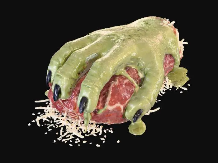 3D model for #Halloween2025#, #Halloween2025#, A "Zombie Hand Meatloaf": A miniature meatloaf is molded into the grotesque, gnarled shape of a zombie hand, complete with distinct "fingers" and a "palm." It's covered in a sickly, pale green glaze (e.g., pesto or colored gravy) that appears to be decaying flesh. Shredded white cheese at the base of the fingers represents exposed bones, and black olive pieces are pressed into the fingertips as rotting nails. The texture is firm, savory meatloaf with a gooey, flavorful glaze.