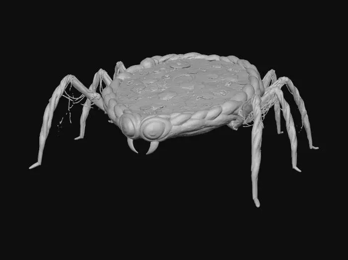 3D model for A "Giant Arachnid Pizza": A large, round pizza forms the bloated body of a monstrous spider. Its crust is dyed deep purple or black. Long, thin breadsticks or stretched cheese strings, also dark-colored, protrude from the sides as eight spindly, articulated legs. Two glowing green olive slices serve as menacing, multi-faceted eyes, and two small, red pepper flakes act as venomous fangs at the front. The texture is soft, cheesy pizza with crisp, brittle legs., #Halloween2025#