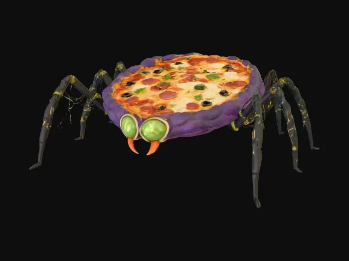 3D model for A "Giant Arachnid Pizza": A large, round pizza forms the bloated body of a monstrous spider. Its crust is dyed deep purple or black. Long, thin breadsticks or stretched cheese strings, also dark-colored, protrude from the sides as eight spindly, articulated legs. Two glowing green olive slices serve as menacing, multi-faceted eyes, and two small, red pepper flakes act as venomous fangs at the front. The texture is soft, cheesy pizza with crisp, brittle legs., #Halloween2025#