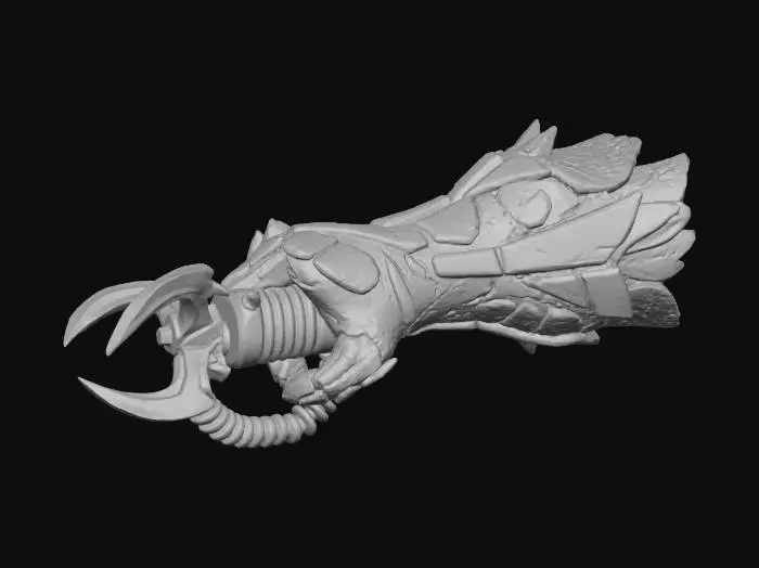 3D model for A **grappling hook launcher**, disguised as an aggressive fungal arm attachment. The main housing is a rugged, matte ceramic in a dark grey, with rigid, glossy iridescent plastic plating in neon green covering the forearm. The extendable hook is a brushed metallic claw, launched via a flexible, rubberized coil, and glowing optical fiber lines indicate power status.