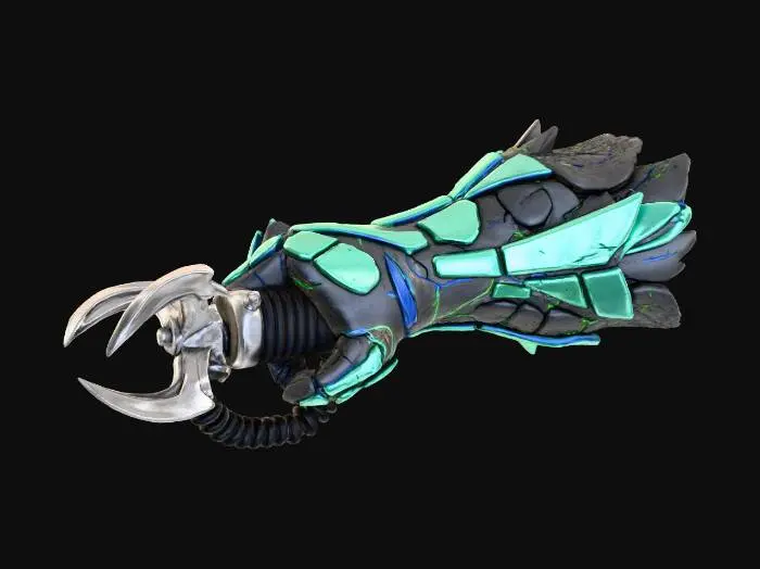 3D model for A **grappling hook launcher**, disguised as an aggressive fungal arm attachment. The main housing is a rugged, matte ceramic in a dark grey, with rigid, glossy iridescent plastic plating in neon green covering the forearm. The extendable hook is a brushed metallic claw, launched via a flexible, rubberized coil, and glowing optical fiber lines indicate power status.