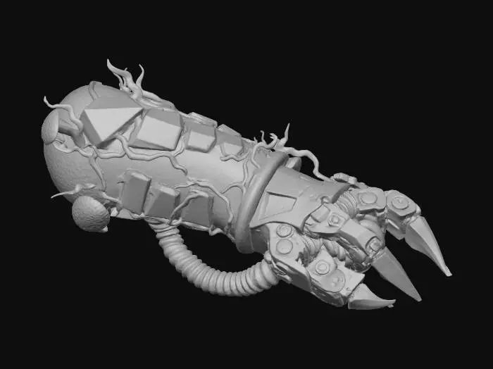 3D model for A **grappling hook launcher**, disguised as an aggressive fungal arm attachment. The main housing is a rugged, matte ceramic in a dark grey, with rigid, glossy iridescent plastic plating in neon green covering the forearm. The extendable hook is a brushed metallic claw, launched via a flexible, rubberized coil, and glowing optical fiber lines indicate power status.