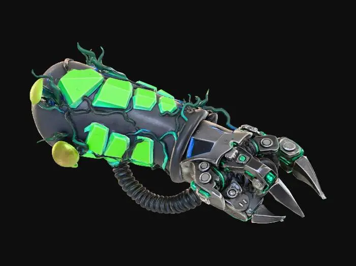 3D model for A **grappling hook launcher**, disguised as an aggressive fungal arm attachment. The main housing is a rugged, matte ceramic in a dark grey, with rigid, glossy iridescent plastic plating in neon green covering the forearm. The extendable hook is a brushed metallic claw, launched via a flexible, rubberized coil, and glowing optical fiber lines indicate power status.