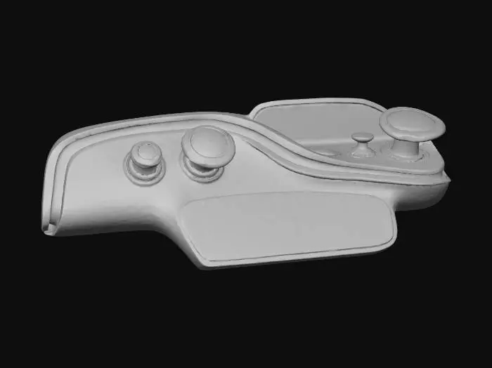 3D model for A **vehicle dashboard/console** accessory, with buttons and dials styled as small, glowing parasitic mushrooms. The console housing is a sleek, matte plastic in a deep teal, featuring rigid, glossy iridescent plastic accents in a bold orange. Flexible OLED displays are integrated into the "mushroom caps," providing interactive readouts, framed by brushed metallic bezels.