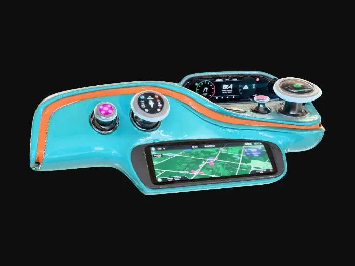 3D model for A **vehicle dashboard/console** accessory, with buttons and dials styled as small, glowing parasitic mushrooms. The console housing is a sleek, matte plastic in a deep teal, featuring rigid, glossy iridescent plastic accents in a bold orange. Flexible OLED displays are integrated into the "mushroom caps," providing interactive readouts, framed by brushed metallic bezels.