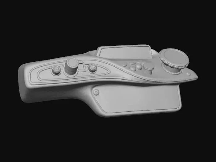 3D model for A **vehicle dashboard/console** accessory, with buttons and dials styled as small, glowing parasitic mushrooms. The console housing is a sleek, matte plastic in a deep teal, featuring rigid, glossy iridescent plastic accents in a bold orange. Flexible OLED displays are integrated into the "mushroom caps," providing interactive readouts, framed by brushed metallic bezels.