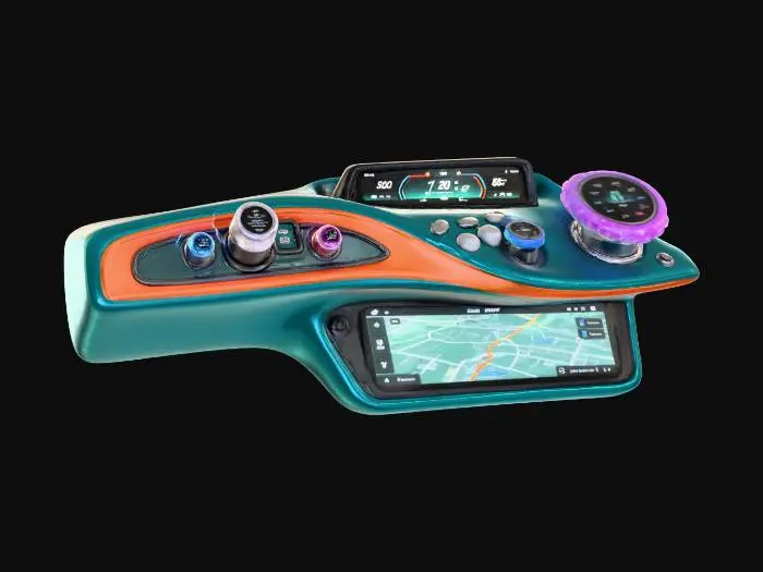 3D model for A **vehicle dashboard/console** accessory, with buttons and dials styled as small, glowing parasitic mushrooms. The console housing is a sleek, matte plastic in a deep teal, featuring rigid, glossy iridescent plastic accents in a bold orange. Flexible OLED displays are integrated into the "mushroom caps," providing interactive readouts, framed by brushed metallic bezels.