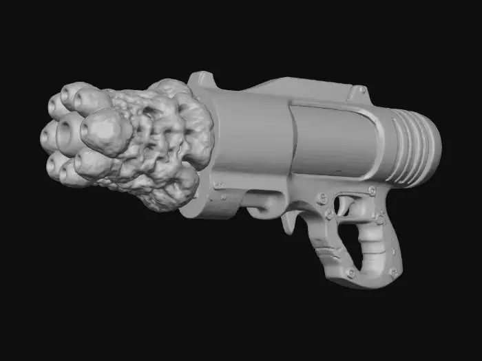 3D model for A Splatoon **Blaster weapon**, its wide muzzle resembling a hardened fungal orifice, crafted from rough, matte ceramic in deep teal. The main body is a rigid, glossy iridescent plastic in a bold orange and electric blue swirl, with carbon fiber textured accents on the grip. A translucent gel-filled ink chamber glows with a pulsating neon green, while brushed metallic vents release steam.