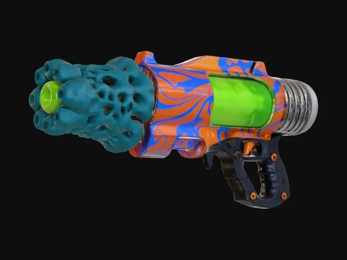3D model for A Splatoon **Blaster weapon**, its wide muzzle resembling a hardened fungal orifice, crafted from rough, matte ceramic in deep teal. The main body is a rigid, glossy iridescent plastic in a bold orange and electric blue swirl, with carbon fiber textured accents on the grip. A translucent gel-filled ink chamber glows with a pulsating neon green, while brushed metallic vents release steam.