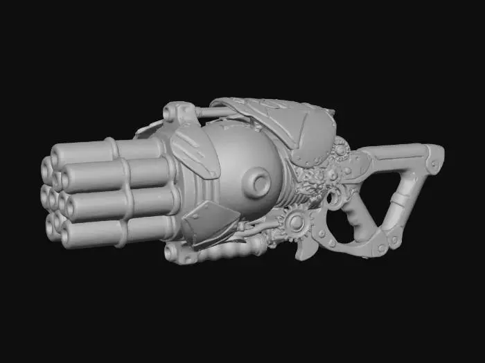 3D model for A **heavy-duty Splatling weapon**. Its multi-barrel assembly is formed from rough, matte ceramic cylinders in a deep teal, resembling a cluster of ancient, hardened fungal growths. The ink reservoir is a large, translucent gel sphere in hot pink, pulsating with light. Rigid, iridescent plastic shields protect key components, accented by carbon fiber grips and brushed metallic mechanisms.