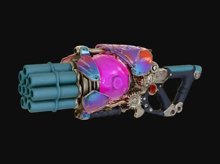 3D model for A **heavy-duty Splatling weapon**. Its multi-barrel assembly is formed from rough, matte ceramic cylinders in a deep teal, resembling a cluster of ancient, hardened fungal growths. The ink reservoir is a large, translucent gel sphere in hot pink, pulsating with light. Rigid, iridescent plastic shields protect key components, accented by carbon fiber grips and brushed metallic mechanisms.