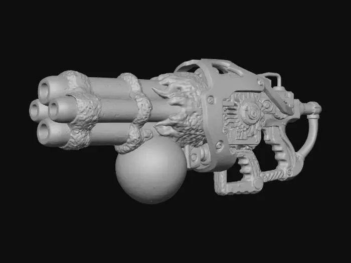 3D model for A **heavy-duty Splatling weapon**. Its multi-barrel assembly is formed from rough, matte ceramic cylinders in a deep teal, resembling a cluster of ancient, hardened fungal growths. The ink reservoir is a large, translucent gel sphere in hot pink, pulsating with light. Rigid, iridescent plastic shields protect key components, accented by carbon fiber grips and brushed metallic mechanisms.