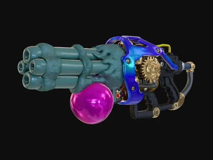 3D model for A **heavy-duty Splatling weapon**. Its multi-barrel assembly is formed from rough, matte ceramic cylinders in a deep teal, resembling a cluster of ancient, hardened fungal growths. The ink reservoir is a large, translucent gel sphere in hot pink, pulsating with light. Rigid, iridescent plastic shields protect key components, accented by carbon fiber grips and brushed metallic mechanisms.