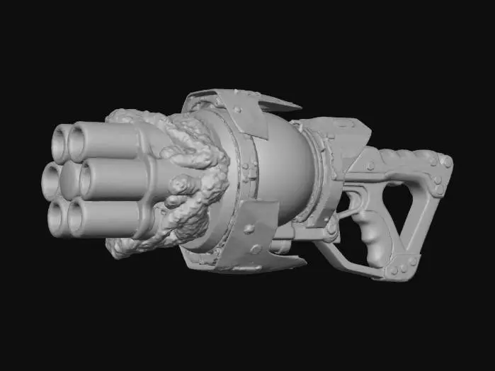 3D model for A **heavy-duty Splatling weapon**. Its multi-barrel assembly is formed from rough, matte ceramic cylinders in a deep teal, resembling a cluster of ancient, hardened fungal growths. The ink reservoir is a large, translucent gel sphere in hot pink, pulsating with light. Rigid, iridescent plastic shields protect key components, accented by carbon fiber grips and brushed metallic mechanisms.