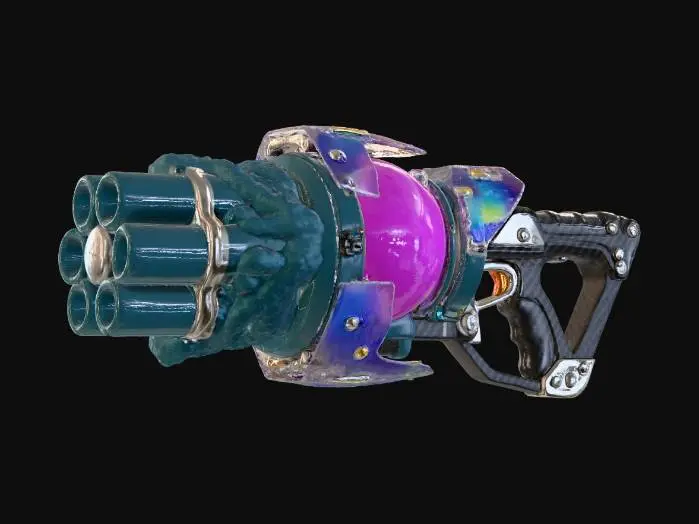 3D model for A **heavy-duty Splatling weapon**. Its multi-barrel assembly is formed from rough, matte ceramic cylinders in a deep teal, resembling a cluster of ancient, hardened fungal growths. The ink reservoir is a large, translucent gel sphere in hot pink, pulsating with light. Rigid, iridescent plastic shields protect key components, accented by carbon fiber grips and brushed metallic mechanisms.