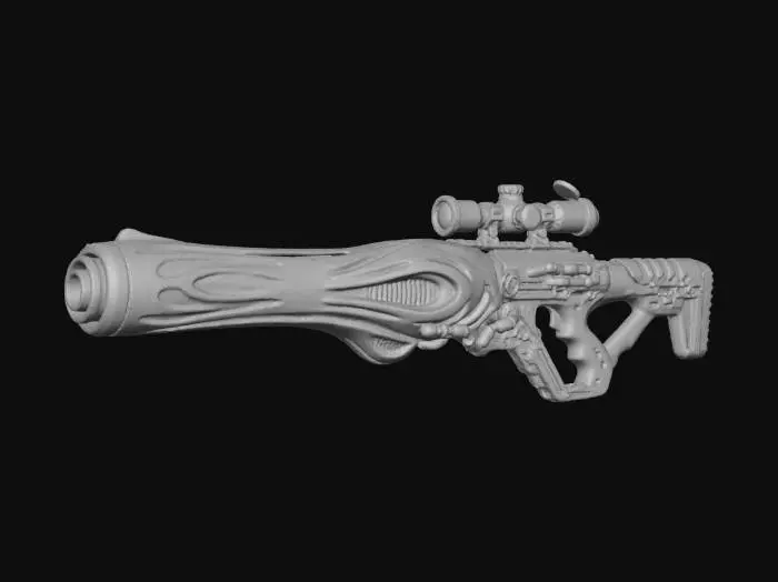3D model for A **long-range Ink Charger weapon**. The main barrel is encased in rigid, glossy plastic plating with an iridescent sheen, styled as an elongated parasitic mushroom stem in vibrant yellow and green. Flexible, rubberized segments form the ergonomic grip and stock, while brushed metallic scope and trigger mechanisms enhance its precision.