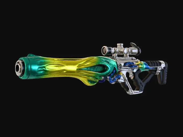 3D model for A **long-range Ink Charger weapon**. The main barrel is encased in rigid, glossy plastic plating with an iridescent sheen, styled as an elongated parasitic mushroom stem in vibrant yellow and green. Flexible, rubberized segments form the ergonomic grip and stock, while brushed metallic scope and trigger mechanisms enhance its precision.