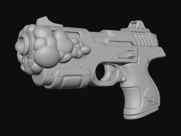 3D model for A compact **Splatoon pistol**. Its main body is constructed with a high-saturation magenta plastic, featuring rigid, glossy iridescent plating that resembles a clustered fungal growth around the barrel and upper slide. Flexible, rubberized segments form the ergonomic grip and trigger guard, while brushed metallic slides and precise sights add a tactical finish.