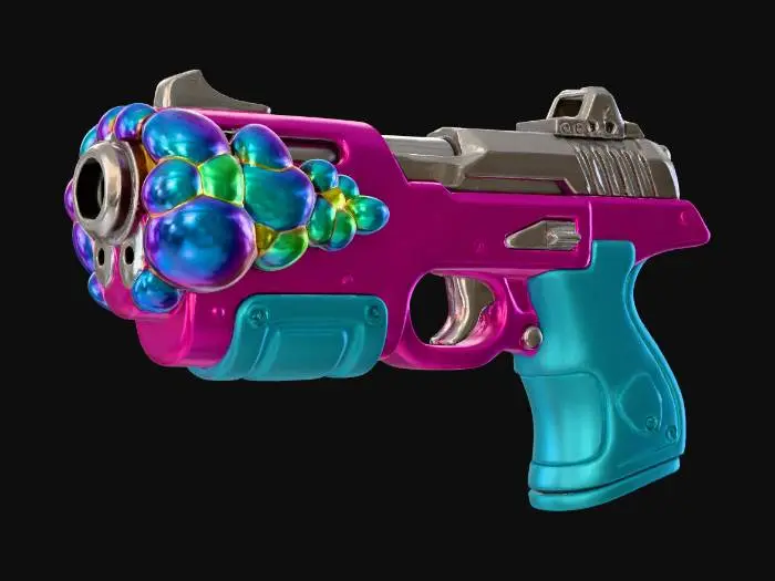 3D model for A compact **Splatoon pistol**. Its main body is constructed with a high-saturation magenta plastic, featuring rigid, glossy iridescent plating that resembles a clustered fungal growth around the barrel and upper slide. Flexible, rubberized segments form the ergonomic grip and trigger guard, while brushed metallic slides and precise sights add a tactical finish.