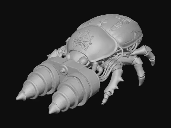 3D model for A **personal subterranean drill**, shaped like a massive **bone-white beetle**, its iridescent **chitin-like shell** scarred and marked with **faded emerald tribal patterns**. **Heavy-duty chrome drill bits** made of **dark obsidian** spin with **desaturated fuchsia energy** at its front, while **burnt orange and teal hydraulic lines** are exposed along its articulated segments. This **Wabi-sabi Cyberpunk vehicle** is a beast of the underworld, blending natural form with brutal industrial might.