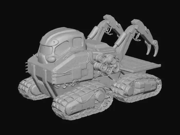 3D model for A **heavy-duty resource hauling vehicle** (e.g., a crawler or truck), its chassis a **rough-hewn, sand-colored reinforced concrete** base with **massive, dark obsidian treads**. The cab is an armored **bone-white bio-luminescent shell** with **desaturated electric lime windows**. **Pulsating fuchsia and deep sea blue cargo lights** illuminate its rear, where **heavy, dark iron claw-arms** are mounted for excavation. This **Wabi-sabi Cyberpunk titan** is a testament to raw power and rugged survival.