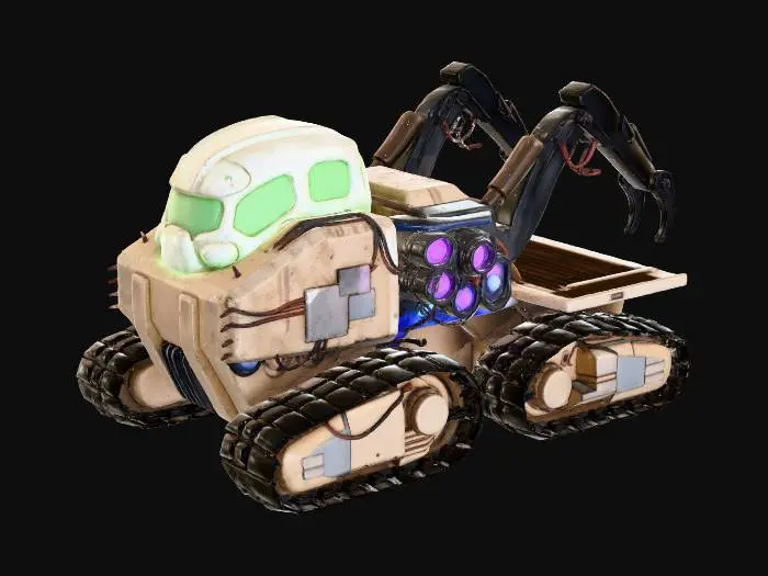3D model for A **heavy-duty resource hauling vehicle** (e.g., a crawler or truck), its chassis a **rough-hewn, sand-colored reinforced concrete** base with **massive, dark obsidian treads**. The cab is an armored **bone-white bio-luminescent shell** with **desaturated electric lime windows**. **Pulsating fuchsia and deep sea blue cargo lights** illuminate its rear, where **heavy, dark iron claw-arms** are mounted for excavation. This **Wabi-sabi Cyberpunk titan** is a testament to raw power and rugged survival.