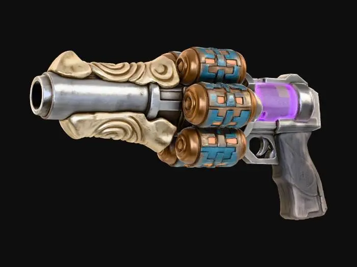 3D model for A **modular sonic weapon**, its primary barrel a fusion of **weathered, sand-blasted titanium** and a **carved alien bone-like material**. **Heavy, dark bronze resonance chambers** are adorned with **iridescent, salvaged circuit board fragments** that glow with **faded teal and burnt orange light**. The grip, made of **rough-hewn petrified wood**, feels primal, contrasting with the weapon's **complex internal plasma array** that hums with **desaturated fuchsia energy**. This **Wabi-sabi Cyberpunk arm** carries an ancient echo in its devastating modern power.
