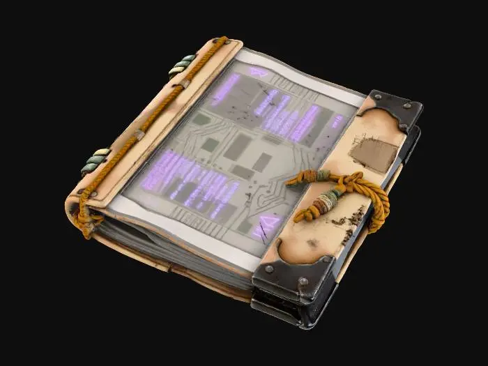 3D model for A **data-slate with a flexible, e-ink display**, encased in a **bone-colored, salvaged leather folio** with **dark, riveted metal corners**. The screen itself displays **desaturated emerald schematics** with **faded purple text overlays**. Its binding is reinforced with **ochre-braided cords** and **tribal beads**. This **Wabi-sabi Cyberpunk device** is a blend of ancient craft and cutting-edge information tech, its vibrant low-saturation accents serving a clear purpose.