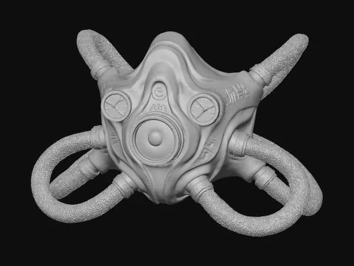 3D model for A **portable environmental filter**, designed as a **bone-white, organic-shaped breathing apparatus** with **heavy, dark carbon fiber tubes** extending from it like tendrils. A **desaturated emerald filter core** glows steadily, accented by **faded indigo pressure gauges** and **ochre tribal patterns**. This **Wabi-sabi Cyberpunk lifeline** marries crucial survival tech with a raw, almost ritualistic aesthetic, its colors clearly distinct and functional.