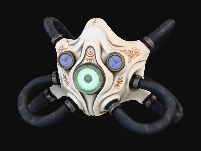 3D model for A **portable environmental filter**, designed as a **bone-white, organic-shaped breathing apparatus** with **heavy, dark carbon fiber tubes** extending from it like tendrils. A **desaturated emerald filter core** glows steadily, accented by **faded indigo pressure gauges** and **ochre tribal patterns**. This **Wabi-sabi Cyberpunk lifeline** marries crucial survival tech with a raw, almost ritualistic aesthetic, its colors clearly distinct and functional.