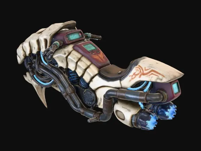 3D model for A **sleek yet worn hover-bike**, its main chassis a **bone-white, chitin-like composite** molded with **aerodynamic bio-forms**, fused with **dark, heavy gauge exposed pipes and thrusters**. **Gleaming, desaturated electric blue energy conduits** crisscross its surface, accented by **faded crimson control panels** and **deep ochre tribal insignia**. The bike hums with **advanced plasma propulsion**, embodying **Wabi-sabi Cyberpunk speed** with a powerful **humanistic narrative** in its resilient, multi-hued design.