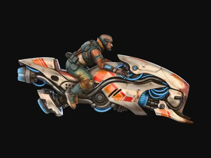 3D model for A **sleek yet worn hover-bike**, its main chassis a **bone-white, chitin-like composite** molded with **aerodynamic bio-forms**, fused with **dark, heavy gauge exposed pipes and thrusters**. **Gleaming, desaturated electric blue energy conduits** crisscross its surface, accented by **faded crimson control panels** and **deep ochre tribal insignia**. The bike hums with **advanced plasma propulsion**, embodying **Wabi-sabi Cyberpunk speed** with a powerful **humanistic narrative** in its resilient, multi-hued design.