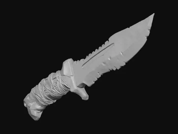 3D model for A **robust combat knife**, its blade crafted from **dark, salvaged metal** with a serrated edge. The hilt is an ergonomic fusion of **bone-colored composite** and **heavy, exposed iron plating**, resembling an organic grip. **Faded crimson and desaturated olive accents** adorn the grip, alongside **tribal etchings**. This **Wabi-sabi Cyberpunk weapon** is a relic of utility and ritual, with a strong **humanistic narrative** in its multi-hued, low-saturation palette.