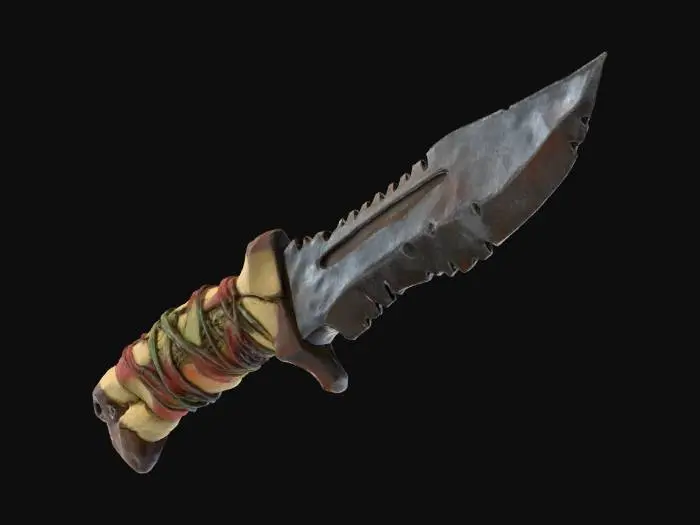 3D model for A **robust combat knife**, its blade crafted from **dark, salvaged metal** with a serrated edge. The hilt is an ergonomic fusion of **bone-colored composite** and **heavy, exposed iron plating**, resembling an organic grip. **Faded crimson and desaturated olive accents** adorn the grip, alongside **tribal etchings**. This **Wabi-sabi Cyberpunk weapon** is a relic of utility and ritual, with a strong **humanistic narrative** in its multi-hued, low-saturation palette.