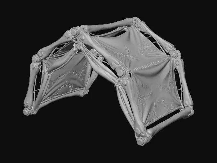 3D model for A **collapsible modular shelter component**, composed of **lightweight bone-colored structural beams** with **dark graphite mechanical joints**. The **faded ochre canvas** panels are reinforced with **desaturated teal patches** and **heavy stitching**, bearing **tribal markings**. This **Wabi-sabi Cyberpunk structure** reflects a resilient, temporary home, blending raw utility with organic, adaptable design and a multi-hued, low-saturation palette.