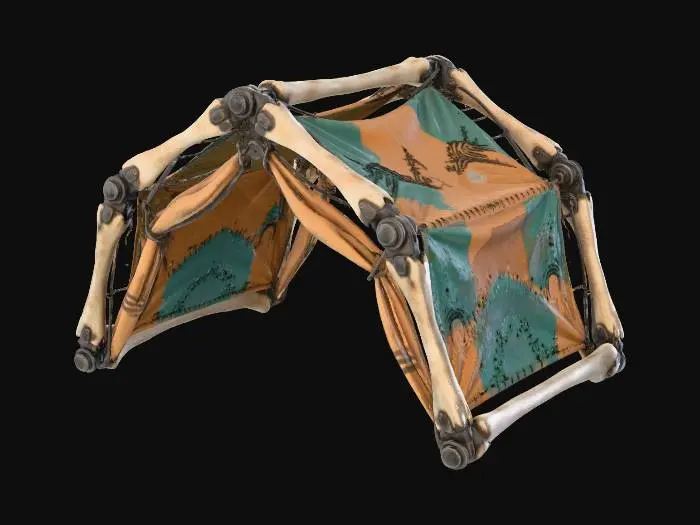 3D model for A **collapsible modular shelter component**, composed of **lightweight bone-colored structural beams** with **dark graphite mechanical joints**. The **faded ochre canvas** panels are reinforced with **desaturated teal patches** and **heavy stitching**, bearing **tribal markings**. This **Wabi-sabi Cyberpunk structure** reflects a resilient, temporary home, blending raw utility with organic, adaptable design and a multi-hued, low-saturation palette.
